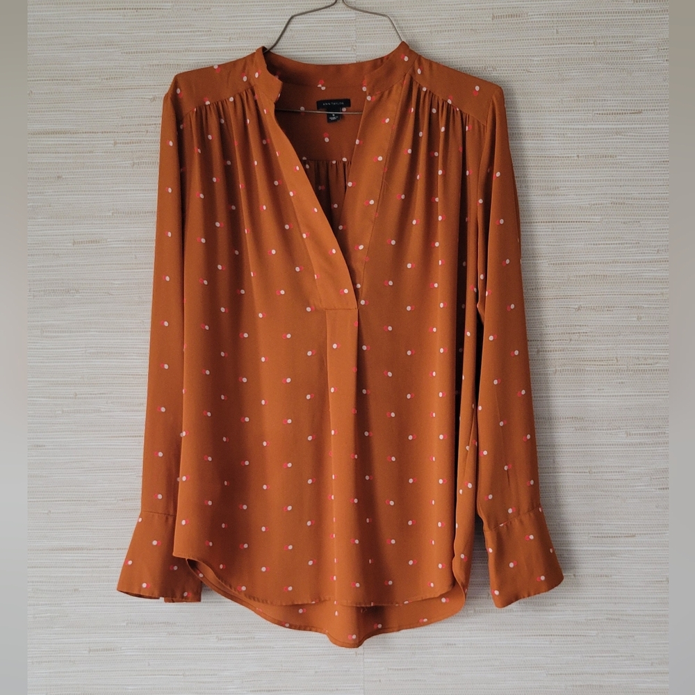 Ann Taylor Polka Dot Blouse in Rust and Pink